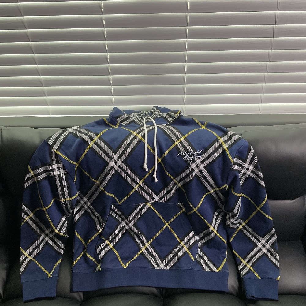 Larry June Midnight Organic Plaid Hoodie Navy Yellow Men's Size Medium